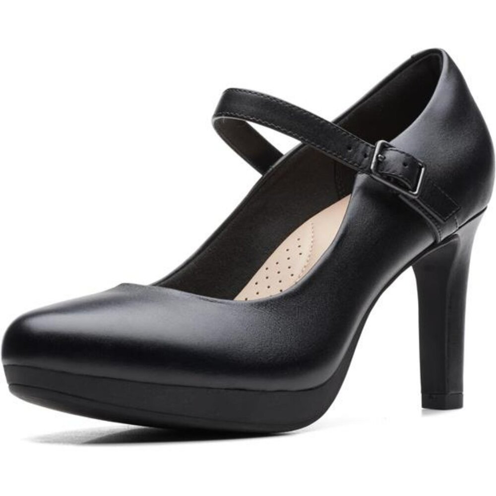 Womens Black Leather Heels Closed Toe Pumps Adjustable Strap Dress Shoes Comfort